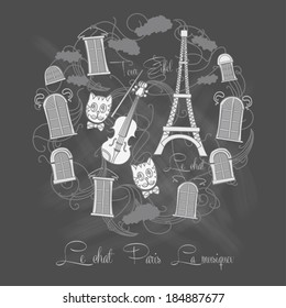 Background with music and Tour Eiffel on chalkrboard