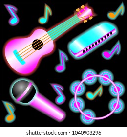 background musical instruments, black background with neon musical instruments, musical instruments from LP