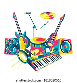 Background with musical instruments. Music party or rock concert illustration.