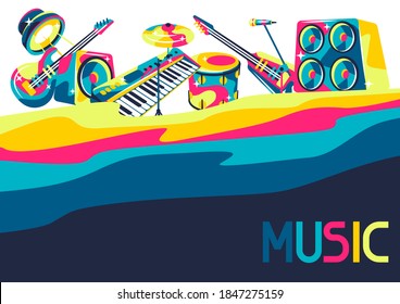 Background with musical instruments. Music party or rock concert illustration.