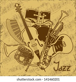 Background with musical instruments on a vintage background