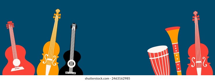 Background with musical instruments with place for text. Banner design for festivals, holidays, concerts