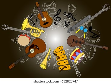 Background from musical instruments school of music doodle. Guitars, pipe, notes, drum, maracases. Vector illustration