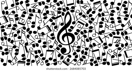 A background of musical notes in black with a treble clef in the center