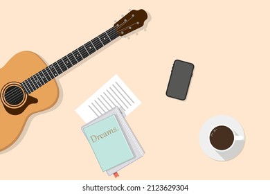 Background for musicant. Illustration of guitars, notebook, cup a coffee and phone. Vector top view