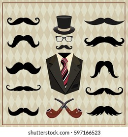 background with mustache, jacket, glasses, hat and pipe