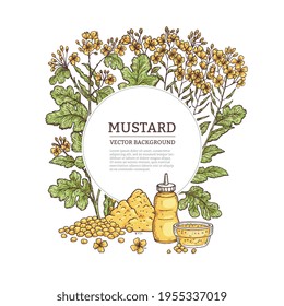 Background with mustard plant and sauce, engraving vector illustration isolated.