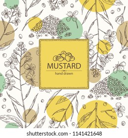 Background With Mustard: Plant, Mustard Seeds, Flower, Leaves And Pod. Dijon Mustard. Vector Hand Drawn Illustration.