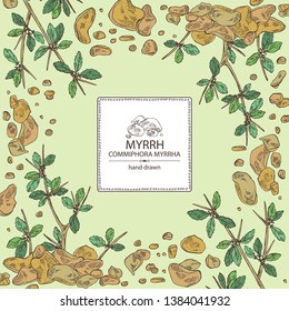 Background with myrrh: plant and resin of myrrh. Commiphora myrrha. Perfumery, cosmetics and medical plant. Vector hand drawn illustration