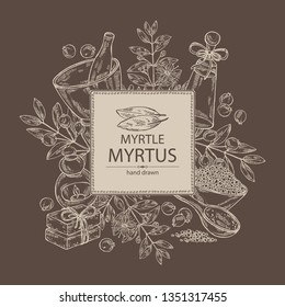 Background with myrtus, myrtle: myrtus branch with flowers, berries and leaves, soap and bath salt . Cosmetic, perfumery and medical plant. Vector hand drawn illustration