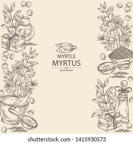 Background with myrtus, myrtle: myrtus branch with flowers, berries and leaves, soap and bath salt . Cosmetic, perfumery and medical plant. Vector hand drawn illustration