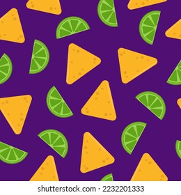 Background with nacho, slice of lime on purple- seamless pattern. Mexican snack. Pattern for wrapping, textile, design