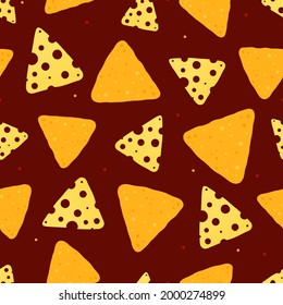 Background with nachos and a slice of cheese on a red background. Seamless pattern for textile, cover, banner or packaging for the holiday 