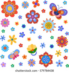Background with naive style colorful flowers and butterflies