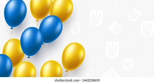 Background for national holidays of Ukraine with air balloons in traditional ukrainian yellow and blue colors and trident emblem pattern. Place for text. Vector illustration.
