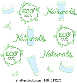 Background with natural cosmetics. Vector seamless pattern for natural cosmetics market, natural beauty care, eco friendly handmade product, printing on packaging. ECO, bio, organic, natural concept
