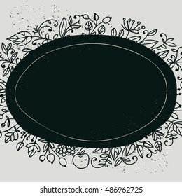 Background with natural elements. The leaves and berries. Black-and-white pattern. The oval design.