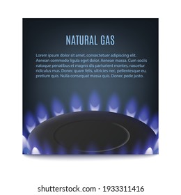 Fondo con quema de gas natural en la hornilla de cocina y espacio de copia para texto, ilustración vectorial realista. Pancarta de fondo con gas natural en llamas.