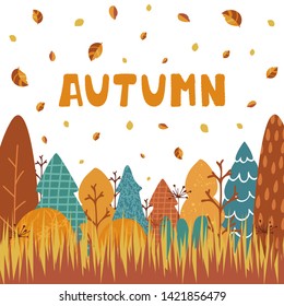 Background with natural landscape. Illustration with trees, grass and place for text in cartoon style. Autumn background for banner, flyer, brochure. Vector