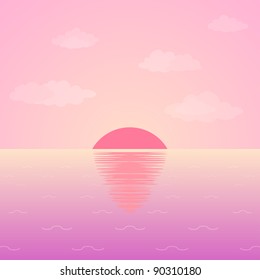 Background, natural landscape: pink morning sky, sea and sun. Vector