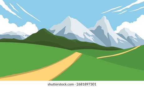 Un fondo con un tema de paisaje natural, un camino a través de colinas con montañas cubiertas de nieve
