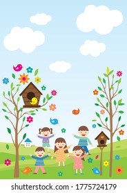 Background with nature and children.Background related to children.The House of Birds on the Tree and the Children.