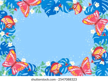 Background nature freehand butterfly, Leaf background. Leaf nature style with space for text - design for  background social media, postcards, poster, business card, flyer, brochure other.
