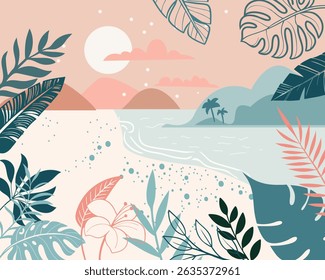 background nature landscape and seascape. Summertime conceptual design poster template. Coast banner with sandy shore, tropical foliage and clouds.