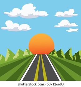 background with nature: the sun, mountains, road, grass