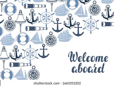 Background With Nautical Symbols And Items. Marine Retro Decorative Illustration.