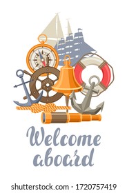 Background with nautical symbols and items. Marine retro decorative illustration.