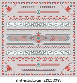 The background is in a Navajo pattern in violet-gray tones