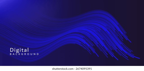 El fondo es azul marino o azul profundo con líneas onduladas azules brillantes que fluyen de izquierda a derecha, con los extremos de las líneas que se extienden en muchas direcciones, dando a la Imagen una sensación dinámica y móvil.