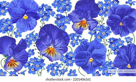 Background with navy blue and blue vector flowers. Realistic botanical illustration with Pansies and forget-me-nots, on white. Wallpaper for social networks, tablets and computers, posters and banners