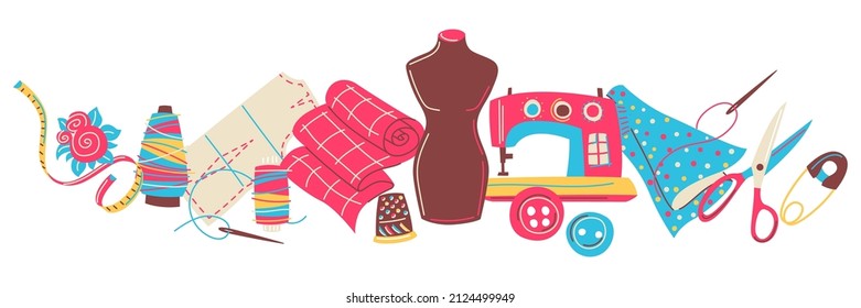 Background with needlework sewing items. Handicraft and hand made. Feminine creativity hobby and shopping.
