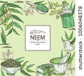 Background with with neem: leaves, flower and selling, branch of neem, essential oil, soap, bath salt and mortar and pestle. Cosmetic, perfumery and medical plant