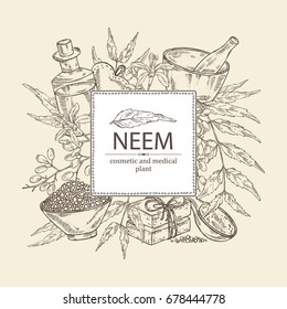 Background with neem: leaves, flower and selling, branch of neem, essential oil, soap, bath salt and mortar and pestle. Cosmetic, perfumery and medical plant,