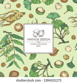 Background with neem leaves, macadamia nuts, ginseng root and ginkgo. Cosmetics and medical plant. Vector hand drawn illustration