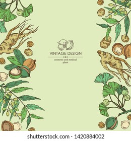 Background with neem leaves, macadamia nuts, ginseng root and ginkgo. Cosmetics and medical plant. Vector hand drawn illustration
