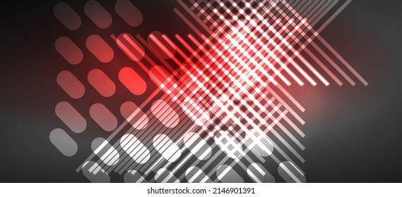 Líneas de neón de fondo y formas geométricas. Luces en el papel de pared oscuro para el concepto de tecnología AI, blockchain, digital, comunicación, 5G, ciencia