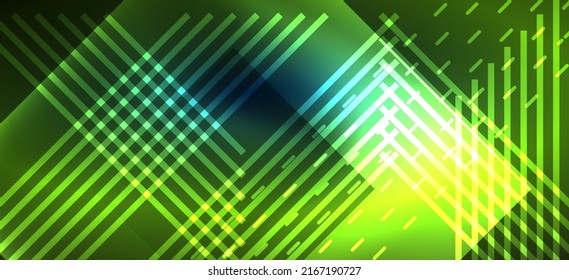 Líneas de neón de fondo y formas geométricas. Luces en el papel de pared oscuro para el concepto de tecnología AI, blockchain, digital, comunicación, 5G, ciencia