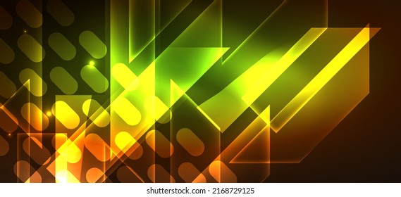 Background neon glowing lines and geometric shapes. Lights in the dark wallpaper for concept of AI technology, blockchain, digital, communication, 5G, science