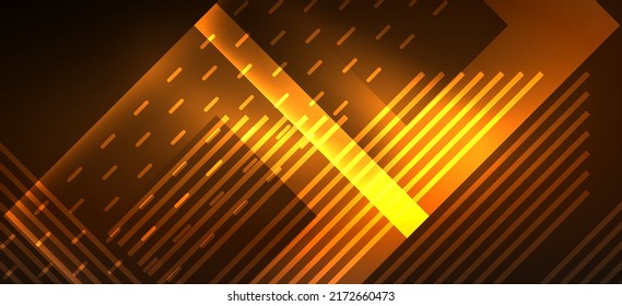 Líneas de neón de fondo y formas geométricas. Luces en el papel de pared oscuro para el concepto de tecnología AI, blockchain, digital, comunicación, 5G, ciencia