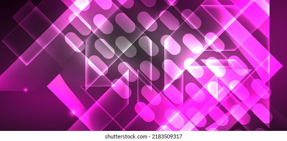 Líneas de neón de fondo y formas geométricas. Luces en el papel de pared oscuro para el concepto de tecnología AI, blockchain, digital, comunicación, 5G, ciencia