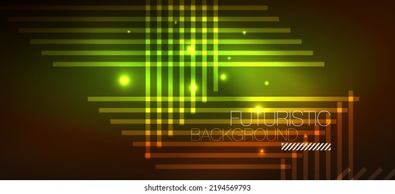Neonfarbene Hintergrundlinien und geometrische Formen. Beleuchtung in der dunklen Bildschirmhintergrund für das Konzept der AI-Technologie, Blockchain, Digital, Kommunikation, 5G, Wissenschaft