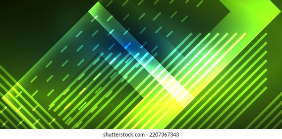 Neonfarbene Hintergrundlinien und geometrische Formen. Beleuchtung in der dunklen Bildschirmhintergrund für das Konzept der AI-Technologie, Blockchain, Digital, Kommunikation, 5G, Wissenschaft