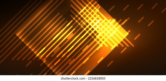Líneas de neón de fondo y formas geométricas. Luces en el papel de pared oscuro para el concepto de tecnología AI, blockchain, digital, comunicación, 5G, ciencia