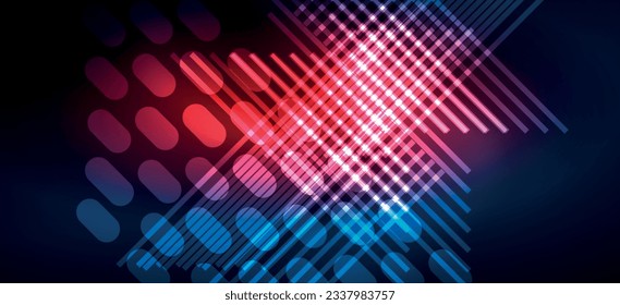 Líneas de neón de fondo y formas geométricas. Luces en el papel de pared oscuro para el concepto de tecnología AI, blockchain, digital, comunicación, 5G, ciencia
