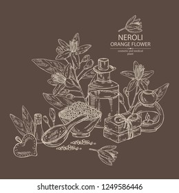 Background with neroli, orange flower: leaves, neroli flowers, soap and bath salt . Cosmetic, perfumery and medical plant. Vector hand drawn illustration