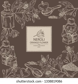 Background with neroli, orange flower: leaves, neroli flowers, soap and bath salt . Cosmetic, perfumery and medical plant. Vector hand drawn illustration